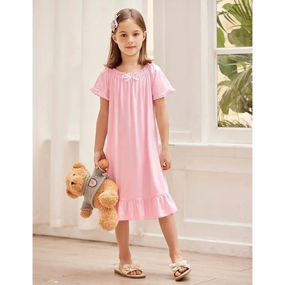 Kids Pink Ruffle Nightgown Short Sleeve Cotton Blend Sleep‎ Dress